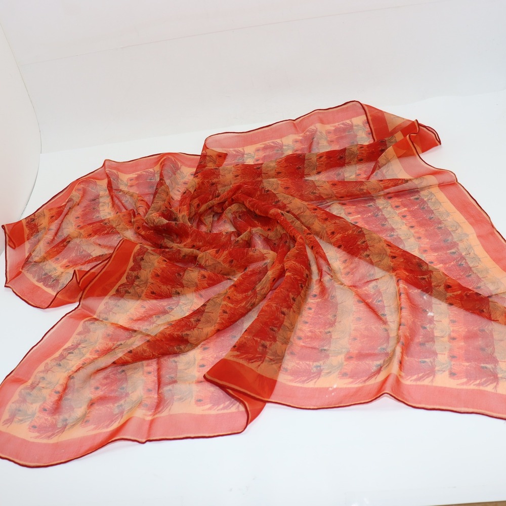 Vera Square‎ Scarf 30x30 Red Womens Sheer Feather Print Accessory